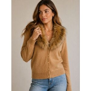 Faux Fur Collar Cardigan Tan Camel Vintage 90s Y2K Sweater Women Small Glam‎